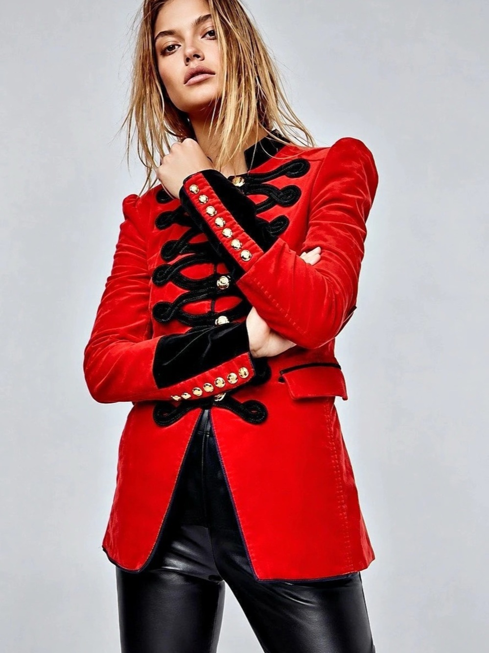 Free People Fitted Velvet Military Jacket Red & Black Small